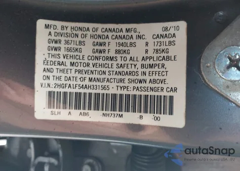 2010 Honda Civic Lx из США, поврежденный, VIN 2HGFA1F54AH331565